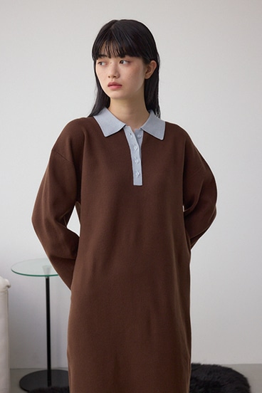 格上げ ポロカラーニットワンピース