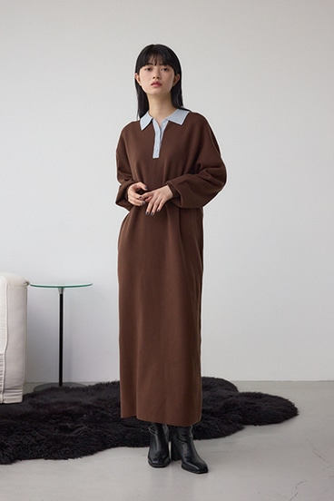 格上げ ポロカラーニットワンピース 詳細画像