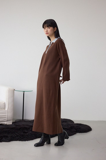 格上げ ポロカラーニットワンピース 詳細画像