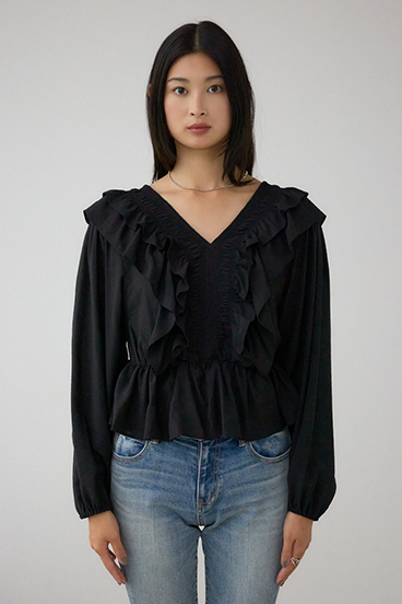 ラッフルショルダー長袖ブラウス 詳細画像