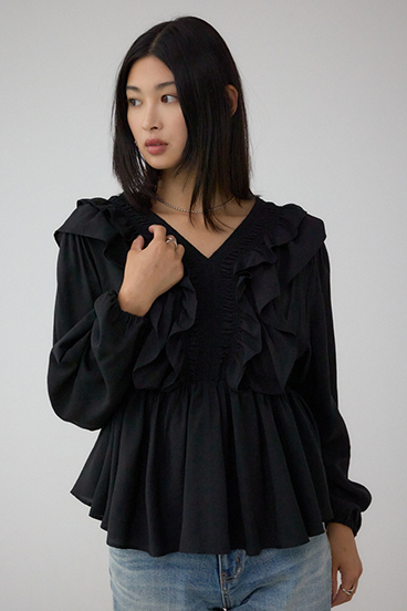 ラッフルショルダー長袖ブラウス 詳細画像