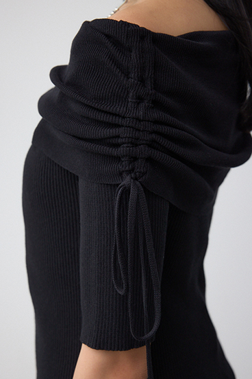 5分袖ギャザーオフショルニットトップス 詳細画像