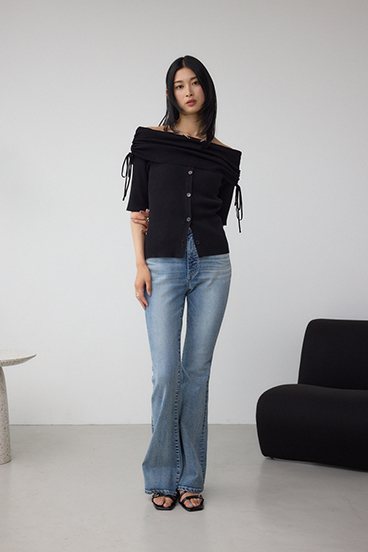 5分袖ギャザーオフショルニットトップス 詳細画像