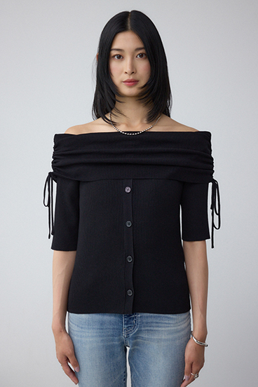 5分袖ギャザーオフショルニットトップス 詳細画像