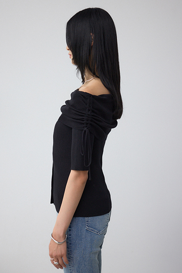 5分袖ギャザーオフショルニットトップス 詳細画像