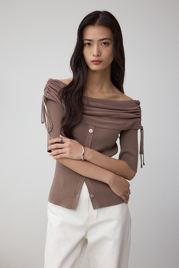 5分袖ギャザーオフショルニットトップス 詳細画像