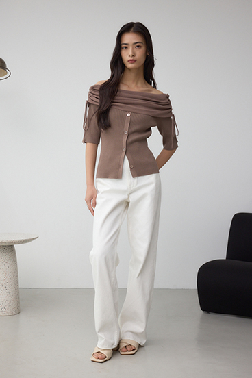 5分袖ギャザーオフショルニットトップス 詳細画像