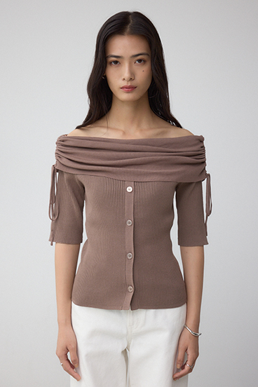 5分袖ギャザーオフショルニットトップス 詳細画像