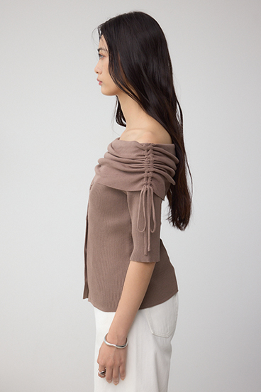 5分袖ギャザーオフショルニットトップス 詳細画像