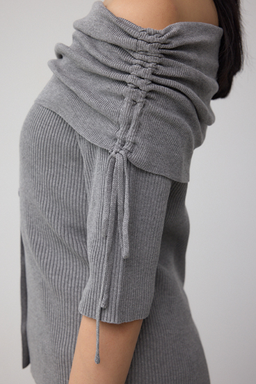 5分袖ギャザーオフショルニットトップス 詳細画像