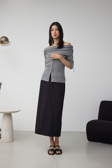 5分袖ギャザーオフショルニットトップス 詳細画像