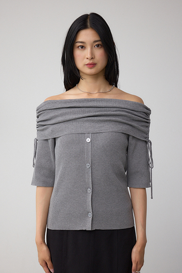5分袖ギャザーオフショルニットトップス 詳細画像