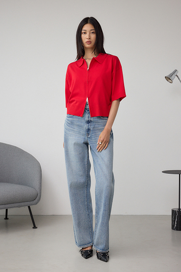 Wジップポロカラーニットカーディガン 詳細画像