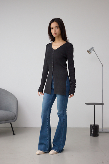 Vネックリブニットカーディガン 詳細画像