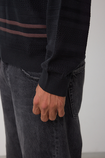 編地変化長袖ニットポロ 詳細画像