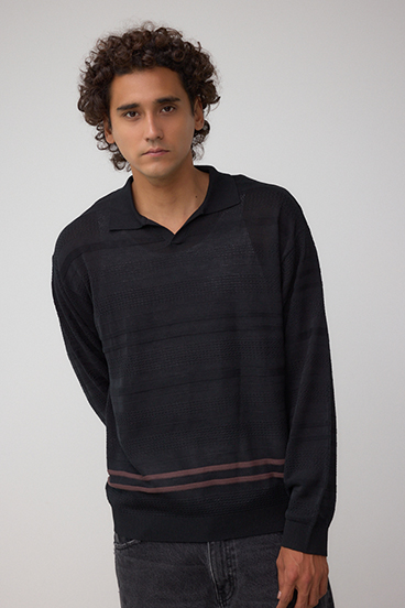 編地変化長袖ニットポロ 詳細画像