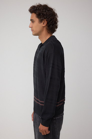 編地変化長袖ニットポロ 詳細画像