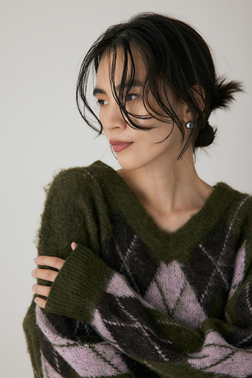 【crie conforto】ヘアリーアーガイルニット