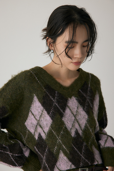 【crie conforto】ヘアリーアーガイルニット 詳細画像