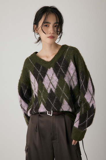 【crie conforto】ヘアリーアーガイルニット 詳細画像