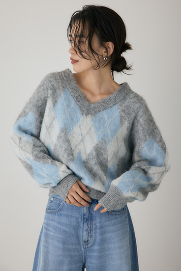 【crie conforto】ヘアリーアーガイルニット