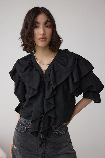 ラッフルフリル5分袖ブラウス 詳細画像