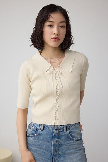 レースアップ5分袖ポロカラーニット 詳細画像