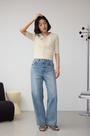 レースアップ5分袖ポロカラーニット 詳細画像