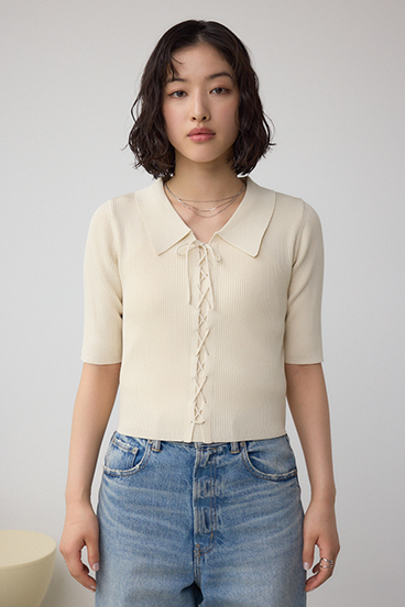 レースアップ5分袖ポロカラーニット 詳細画像