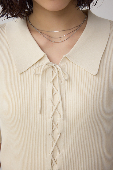 レースアップ5分袖ポロカラーニット 詳細画像