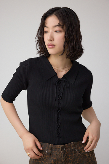 レースアップ5分袖ポロカラーニット 詳細画像