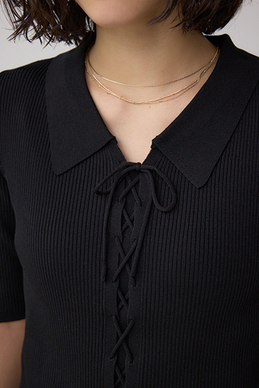 レースアップ5分袖ポロカラーニット 詳細画像