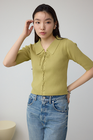 レースアップ5分袖ポロカラーニット 詳細画像