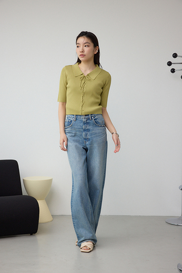 レースアップ5分袖ポロカラーニット 詳細画像