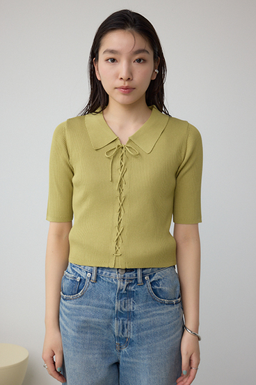 レースアップ5分袖ポロカラーニット 詳細画像