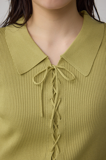 レースアップ5分袖ポロカラーニット 詳細画像