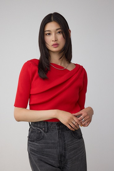 ドレープデザイン5分袖リブニット 詳細画像