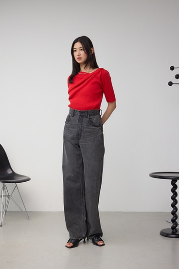 ドレープデザイン5分袖リブニット 詳細画像