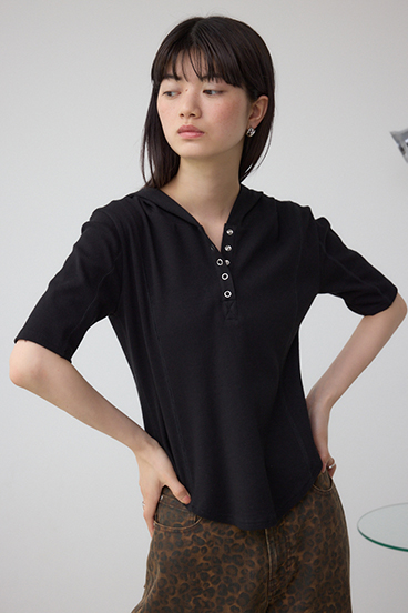 ヘンリーネックフーディーリブトップス 詳細画像