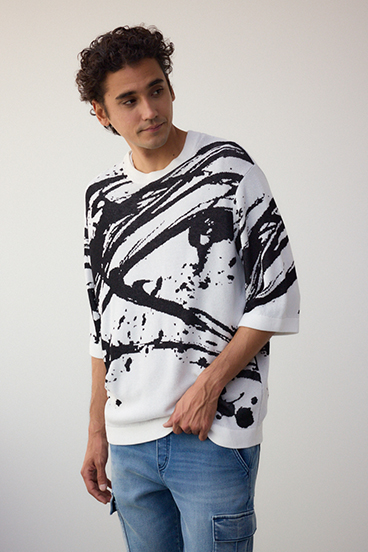 アブストラクトジャガード5分袖ニット 詳細画像