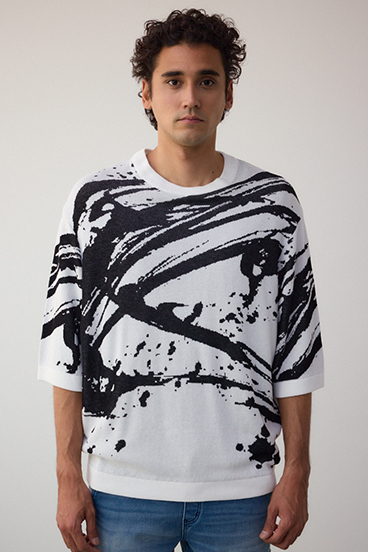 アブストラクトジャガード5分袖ニット 詳細画像