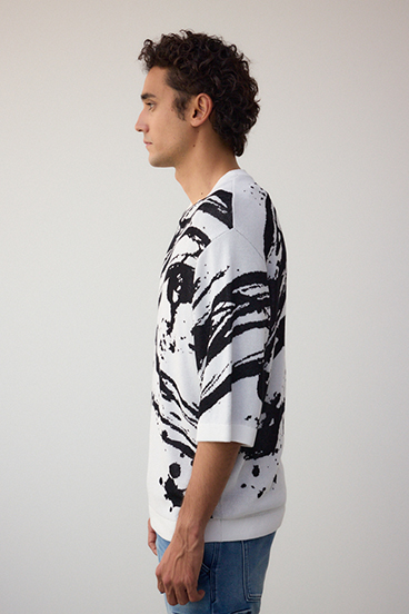 アブストラクトジャガード5分袖ニット 詳細画像