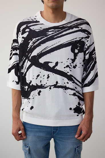 アブストラクトジャガード5分袖ニット 詳細画像