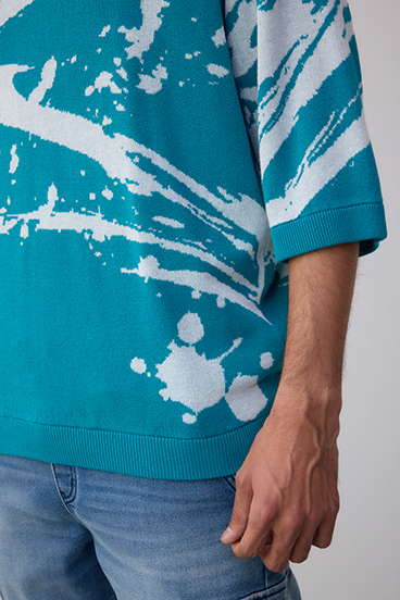 アブストラクトジャガード5分袖ニット 詳細画像