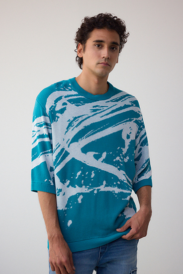 アブストラクトジャガード5分袖ニット 詳細画像