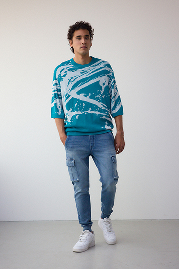 アブストラクトジャガード5分袖ニット 詳細画像