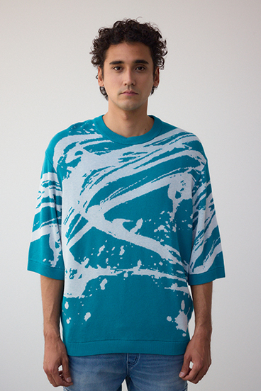 アブストラクトジャガード5分袖ニット 詳細画像