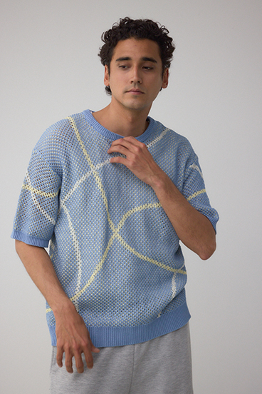 ライン柄クルーネック半袖ニット 詳細画像