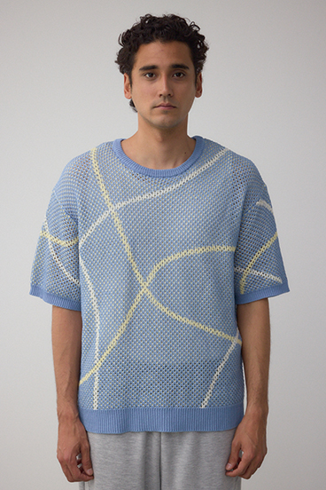 ライン柄クルーネック半袖ニット 詳細画像