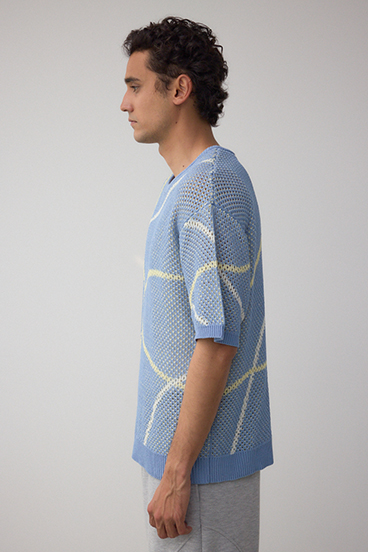 ライン柄クルーネック半袖ニット 詳細画像